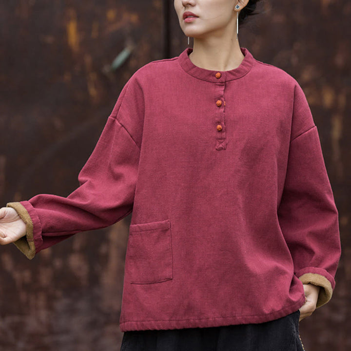 Camisa de lino y ramio de manga larga térmica de color sólido retro con Buddha Stones para mujer - image 19