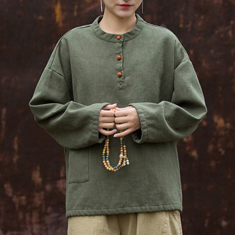 Camisa de lino y ramio de manga larga térmica de color sólido retro con Buddha Stones para mujer - image 10