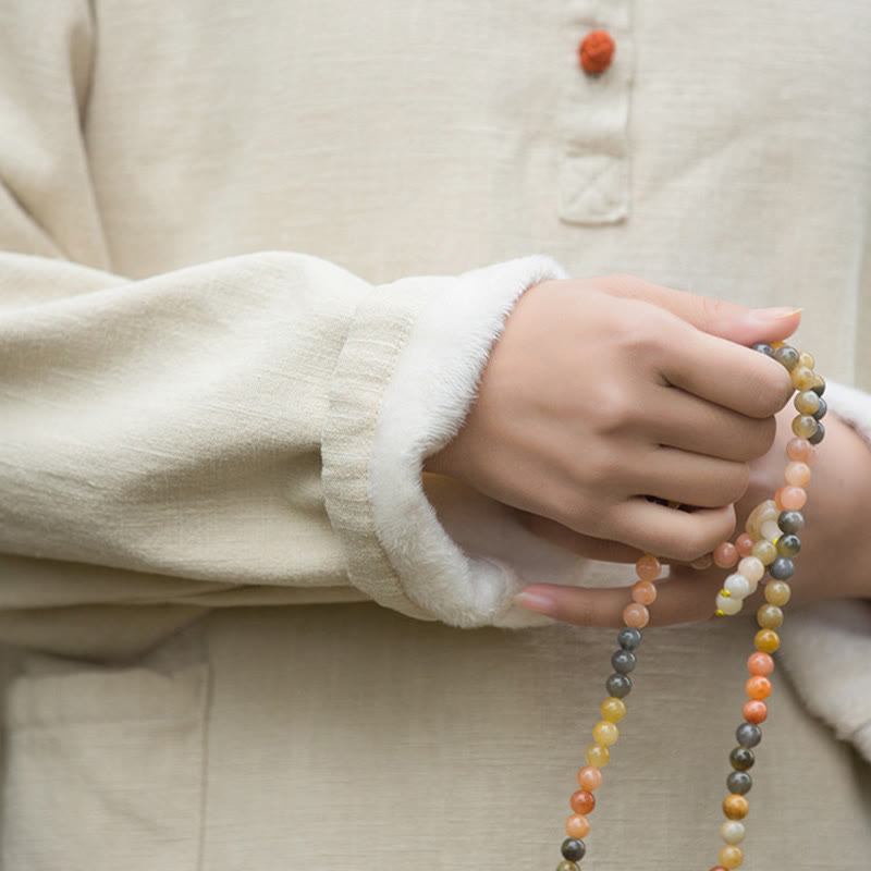 Camisa de lino y ramio de manga larga térmica de color sólido retro con Buddha Stones para mujer