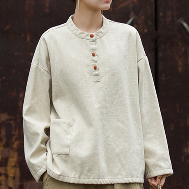 Camisa de lino y ramio de manga larga térmica de color sólido retro con Buddha Stones para mujer