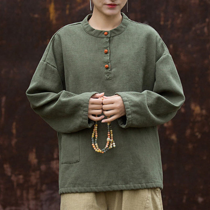 Camisa de lino y ramio de manga larga térmica de color sólido retro con Buddha Stones para mujer