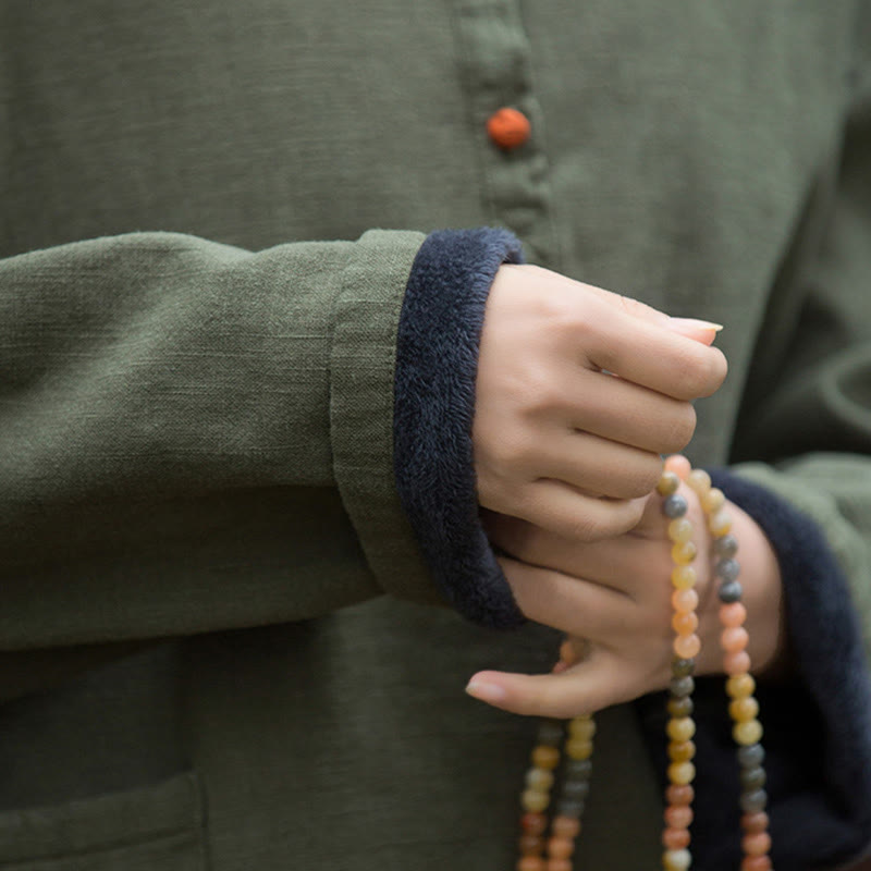 Camisa de lino y ramio de manga larga térmica de color sólido retro con Buddha Stones para mujer