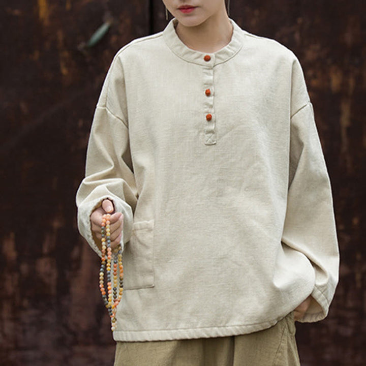 Camisa de lino y ramio de manga larga térmica de color sólido retro con Buddha Stones para mujer - image 1