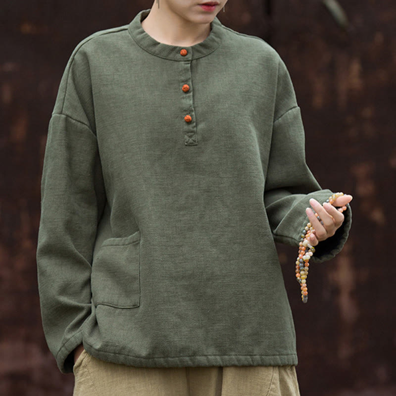 Camisa de lino y ramio de manga larga térmica de color sólido retro con Buddha Stones para mujer