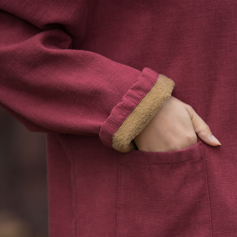 Camisa de lino y ramio de manga larga térmica de color sólido retro con Buddha Stones para mujer