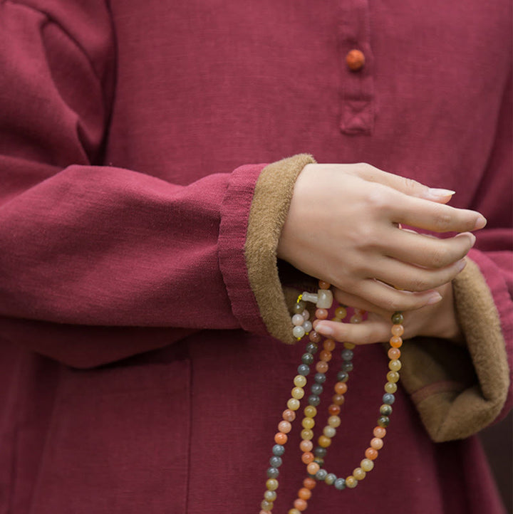Camisa de lino y ramio de manga larga térmica de color sólido retro con Buddha Stones para mujer