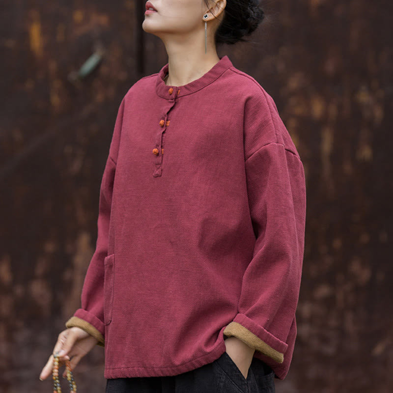 Camisa de lino y ramio de manga larga térmica de color sólido retro con Buddha Stones para mujer - image 20