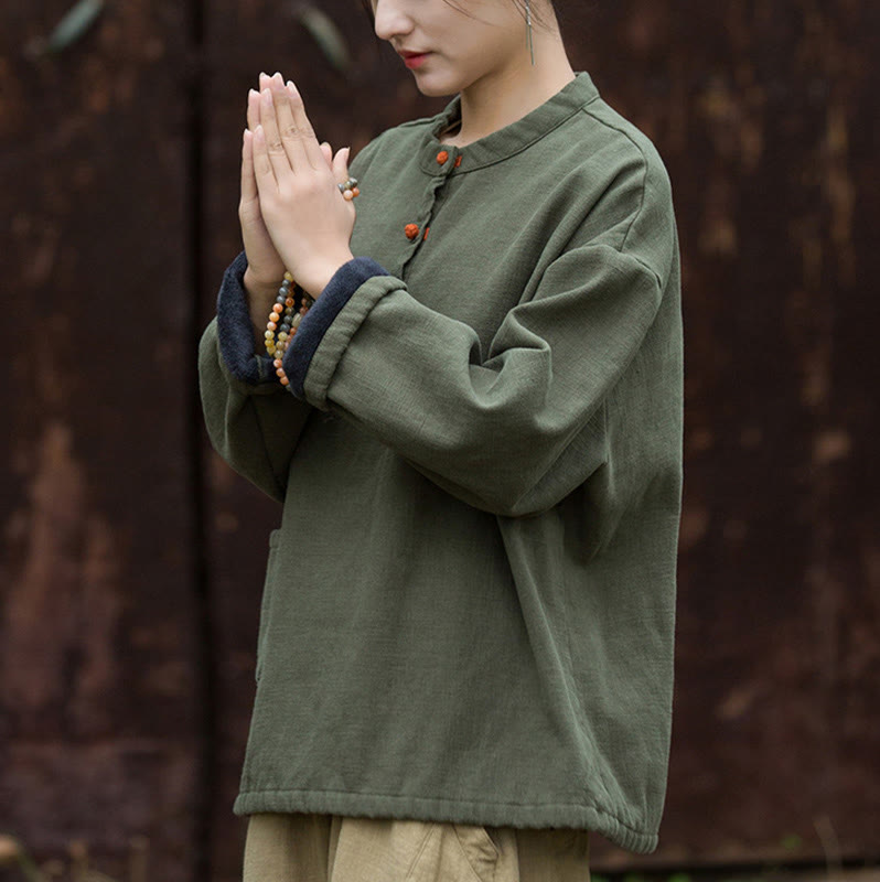Camisa de lino y ramio de manga larga térmica de color sólido retro con Buddha Stones para mujer
