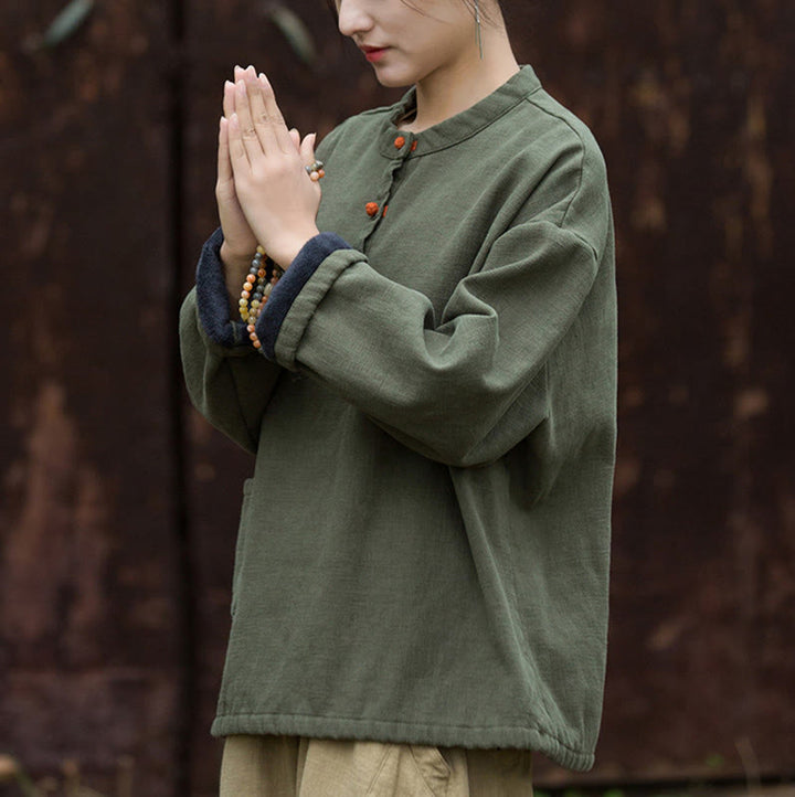 Camisa de lino y ramio de manga larga térmica de color sólido retro con Buddha Stones para mujer