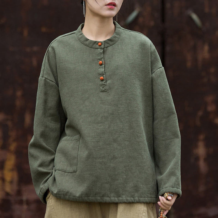 Camisa de lino y ramio de manga larga térmica de color sólido retro con Buddha Stones para mujer - image 13