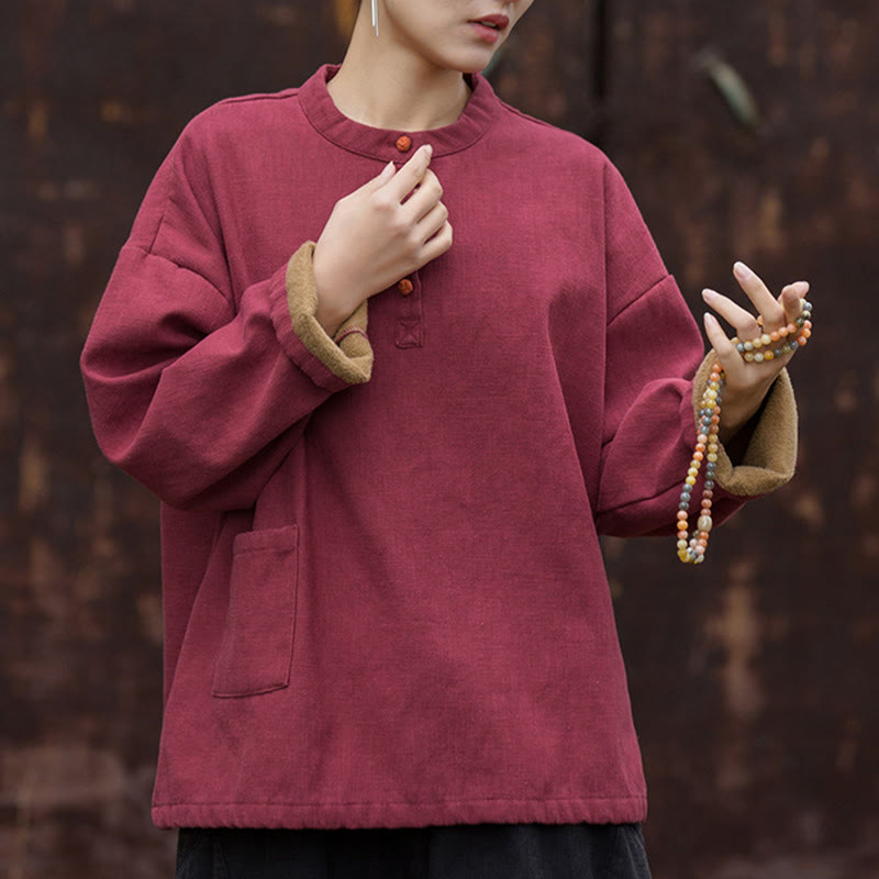 Camisa de lino y ramio de manga larga térmica de color sólido retro con Buddha Stones para mujer