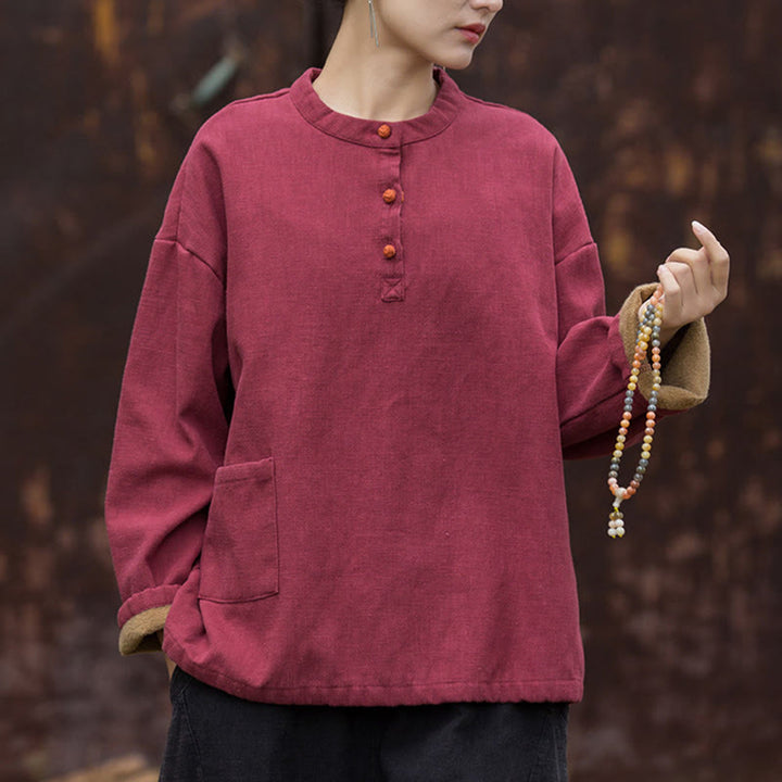 Camisa de lino y ramio de manga larga térmica de color sólido retro con Buddha Stones para mujer - image 21
