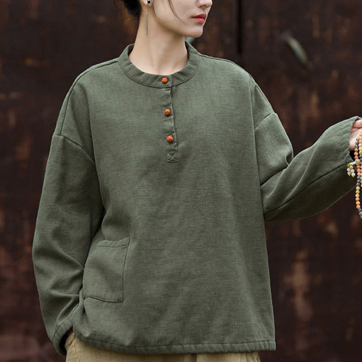 Camisa de lino y ramio de manga larga térmica de color sólido retro con Buddha Stones para mujer