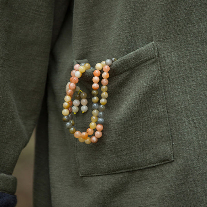 Camisa de lino y ramio de manga larga térmica de color sólido retro con Buddha Stones para mujer