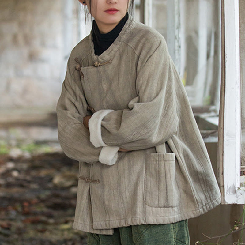 Camisa térmica de lino y ramio de manga larga con botones de rana y color liso con Buddha Stones para mujer - image 7