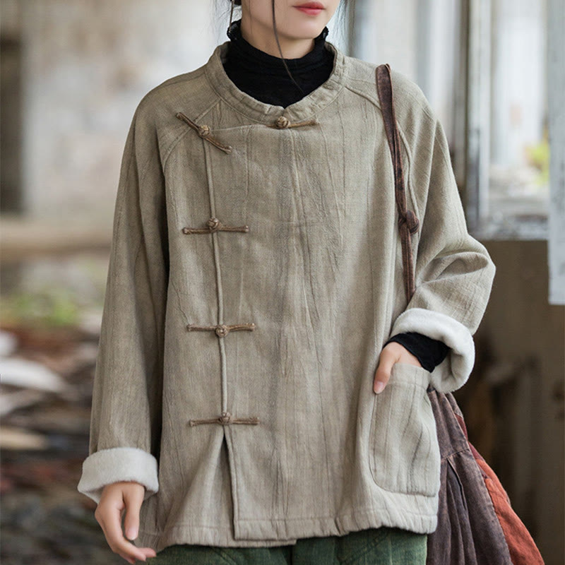 Camisa térmica de lino y ramio de manga larga con botones de rana y color liso con Buddha Stones para mujer - Avena - US4-12, UK/AU8-16, EU36-44 (F) - image 0