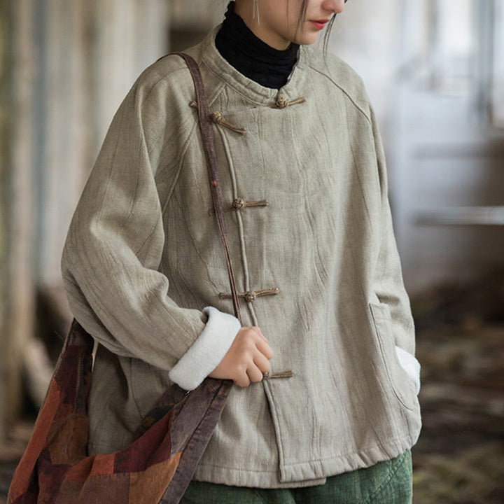 Camisa térmica de lino y ramio de manga larga con botones de rana y color liso con Buddha Stones para mujer - image 6