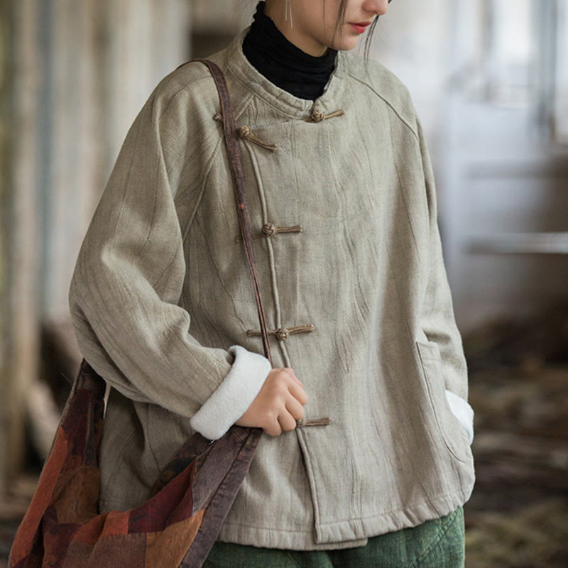 Camisa térmica de lino y ramio de manga larga con botones de rana y color liso con Buddha Stones para mujer - image 6