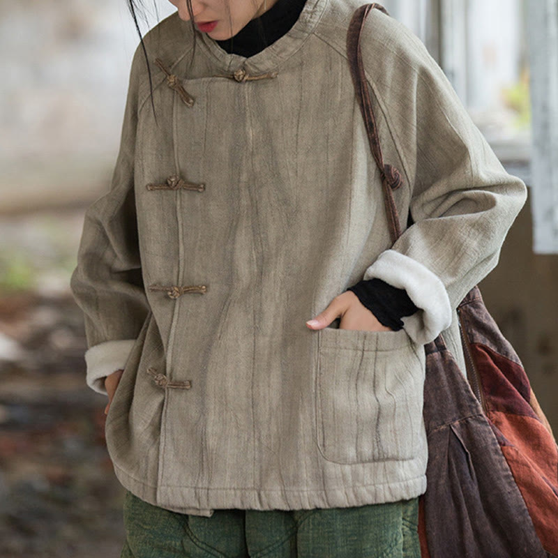 Camisa térmica de lino y ramio de manga larga con botones de rana y color liso con Buddha Stones para mujer - image 1