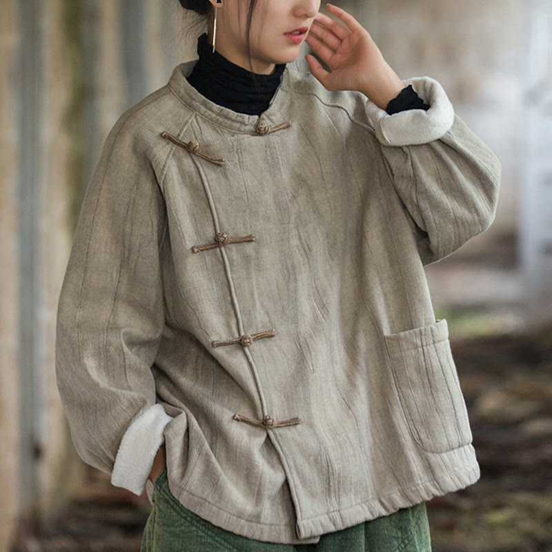 Camisa térmica de lino y ramio de manga larga con botones de rana y color liso con Buddha Stones para mujer - image 3