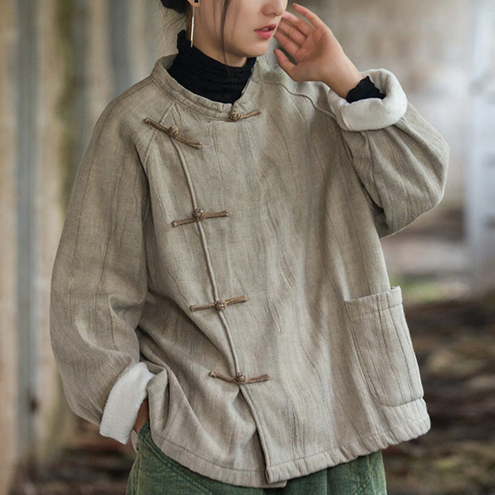Camisa térmica de lino y ramio de manga larga con botones de rana y color liso con Buddha Stones para mujer - image 3
