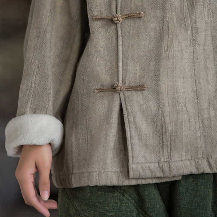 Camisa térmica de lino y ramio de manga larga con botones de rana y color liso con Buddha Stones para mujer - image 9
