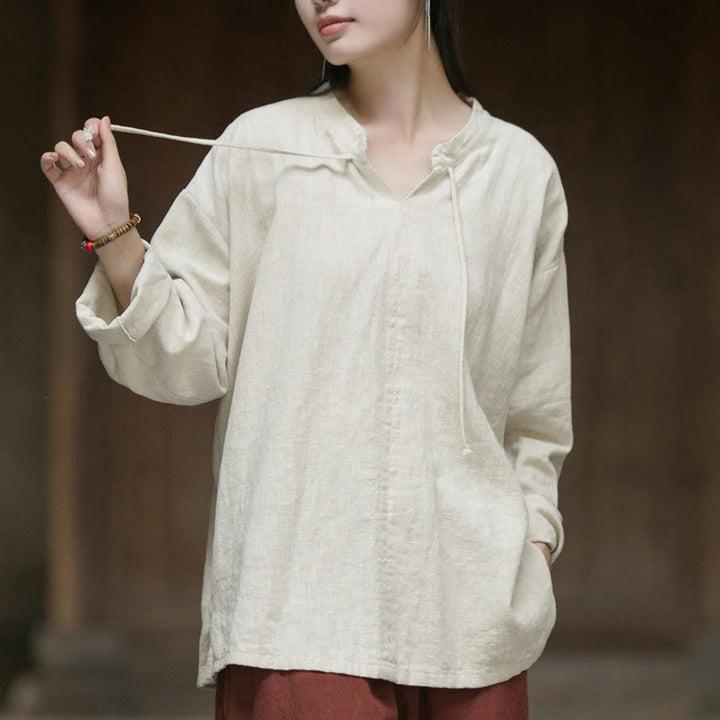 Camisa de mujer de lino y ramio de manga larga de color liso retro con Buddha Stones