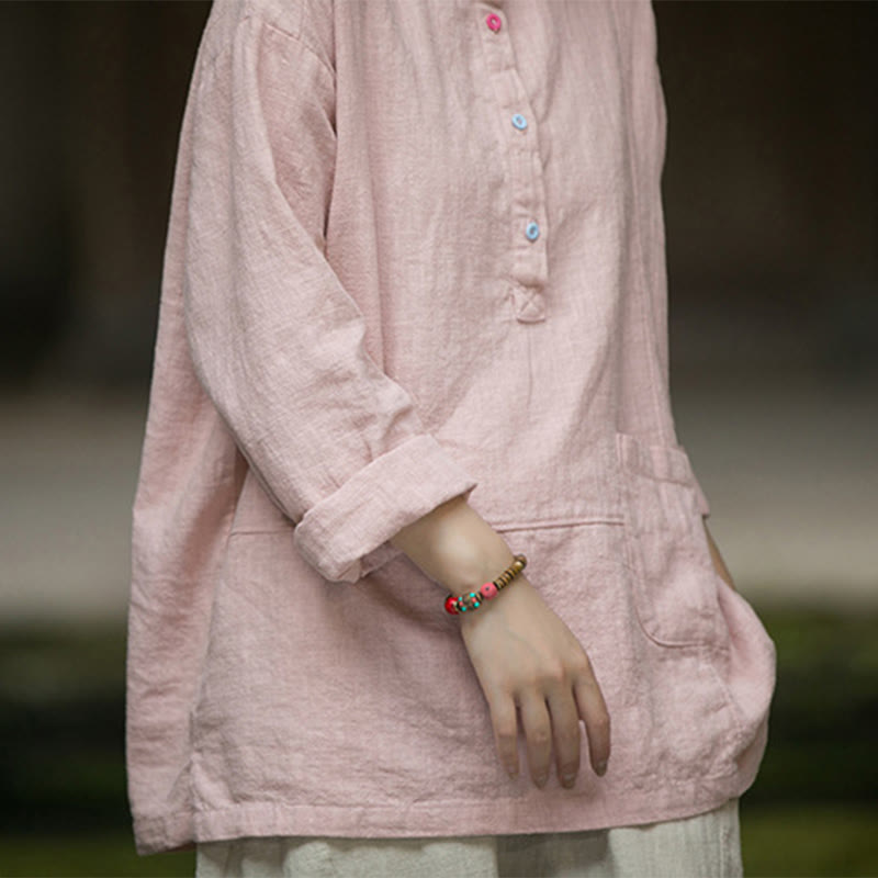 Camisa de mujer de lino y ramio con manga larga y medio botón de color liso con Buddha Stones