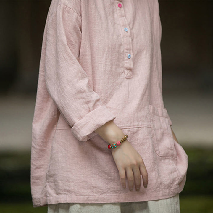 Camisa de mujer de lino y ramio con manga larga y medio botón de color liso con Buddha Stones