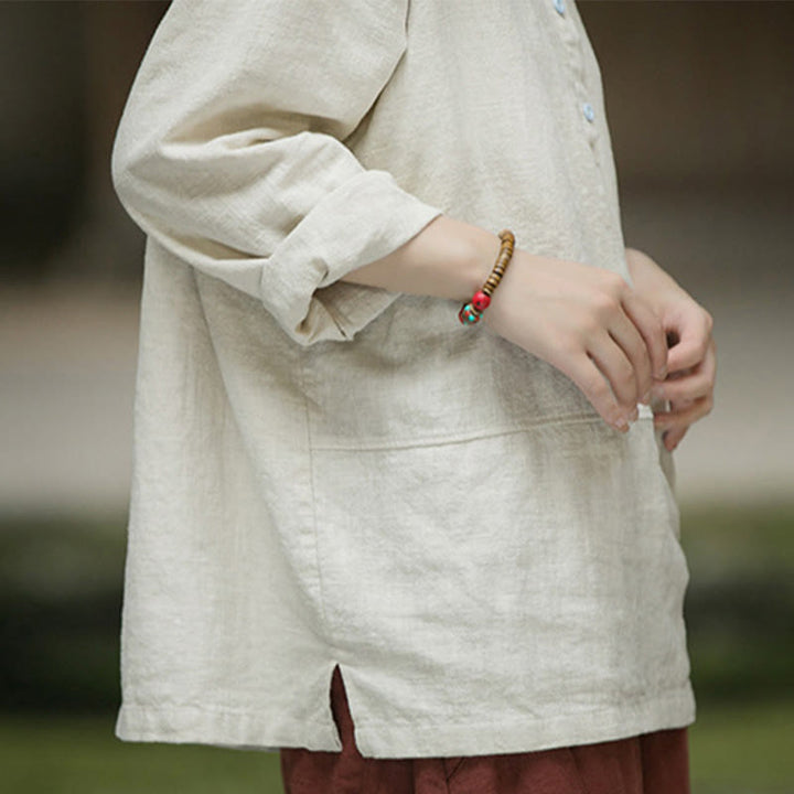 Camisa de mujer de lino y ramio con manga larga y medio botón de color liso con Buddha Stones