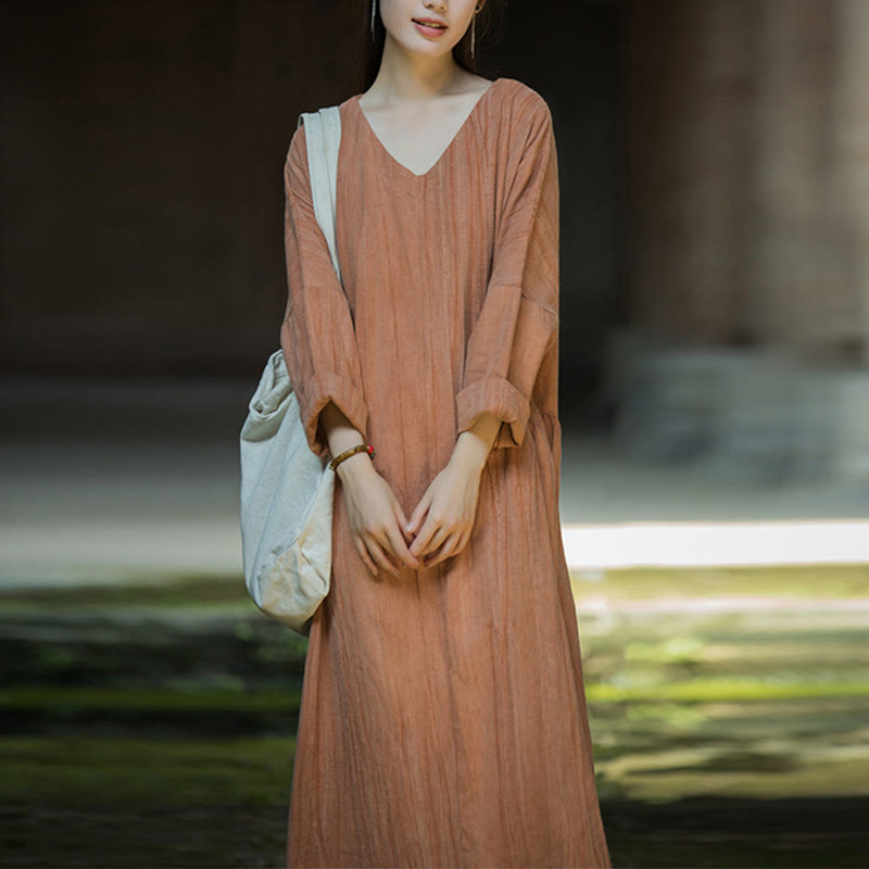 Vestido midi de lino y ramio con cuello en V, manga larga y color liso con Buddha Stones - Naranja - US4-8/10, UK/AU8-12/14, EU36-40/42 (F) - image 23