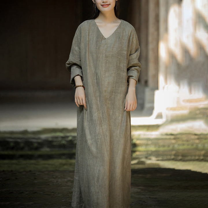 Vestido midi de lino y ramio con cuello en V, manga larga y color liso con Buddha Stones - Caqui oscuro - US4-8/10, UK/AU8-12/14, EU36-40/42 (F) - image 13