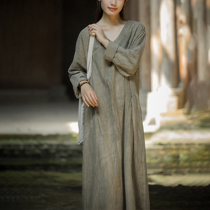 Vestido midi de lino y ramio con cuello en V, manga larga y color liso con Buddha Stones - image 18