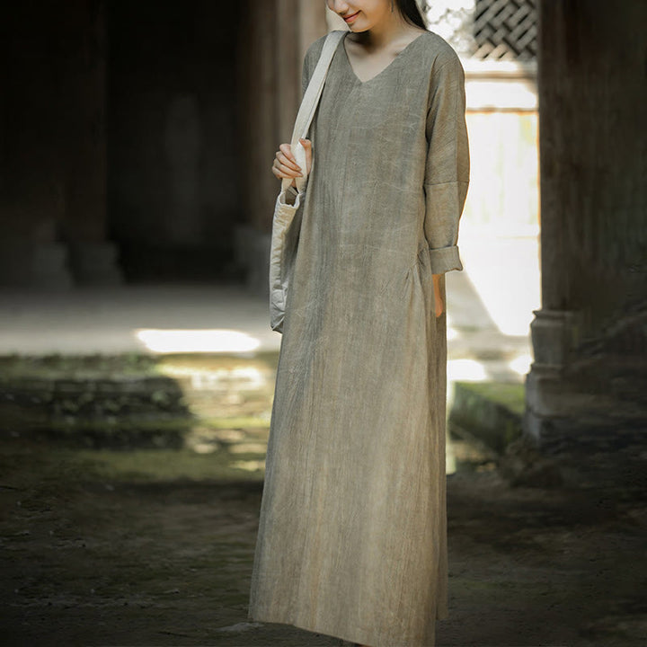 Vestido midi de lino y ramio con cuello en V, manga larga y color liso con Buddha Stones - image 19