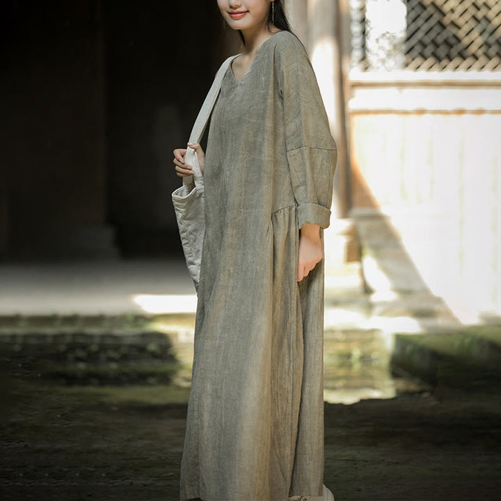 Vestido midi de lino y ramio con cuello en V, manga larga y color liso con Buddha Stones - image 17