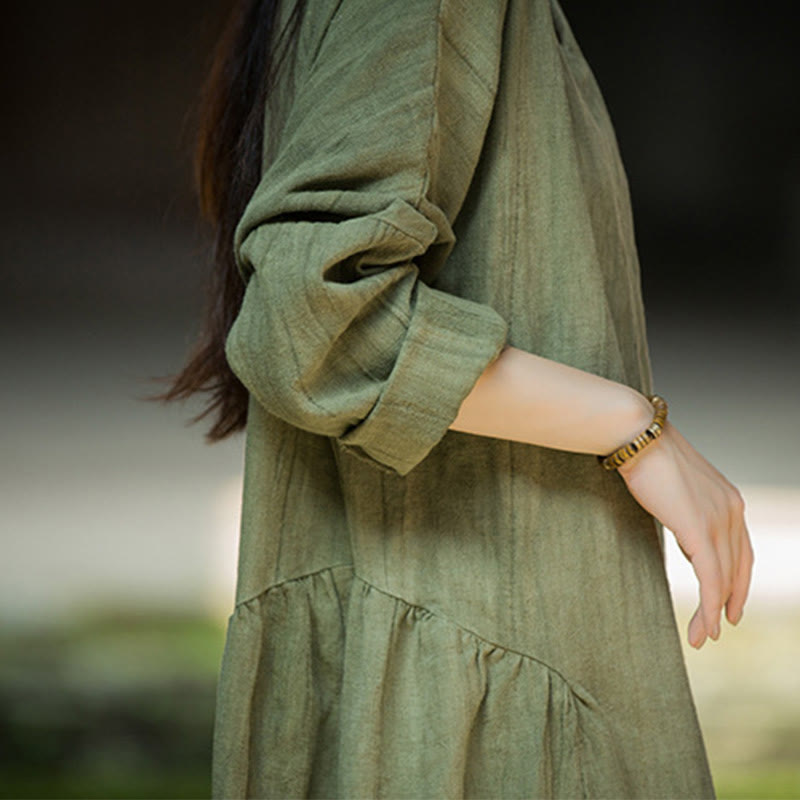 Vestido midi de lino y ramio con cuello en V, manga larga y color liso con Buddha Stones