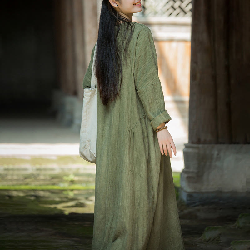 Vestido midi de lino y ramio con cuello en V, manga larga y color liso con Buddha Stones - image 4