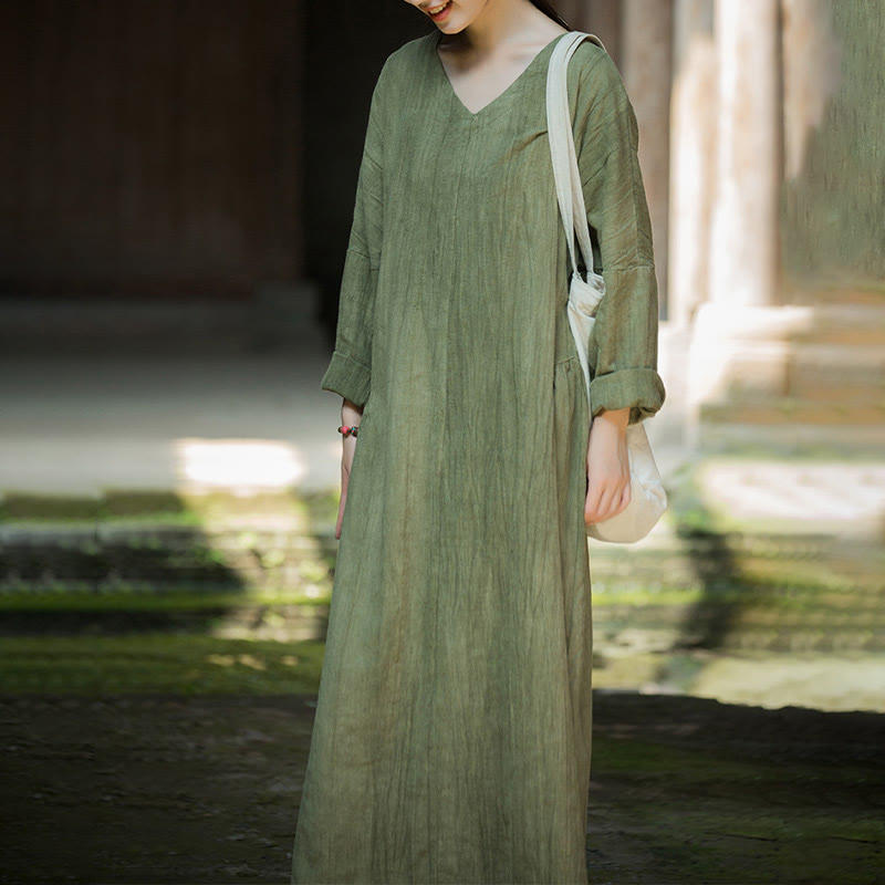 Vestido midi de lino y ramio con cuello en V, manga larga y color liso con Buddha Stones - image 1