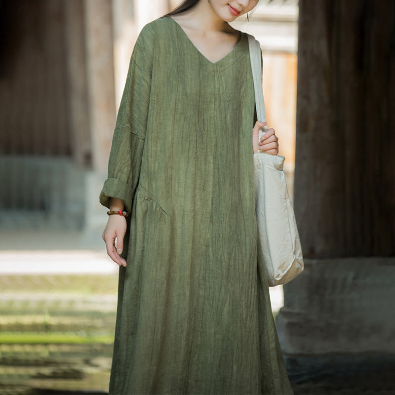 Vestido midi de lino y ramio con cuello en V, manga larga y color liso con Buddha Stones - image 6