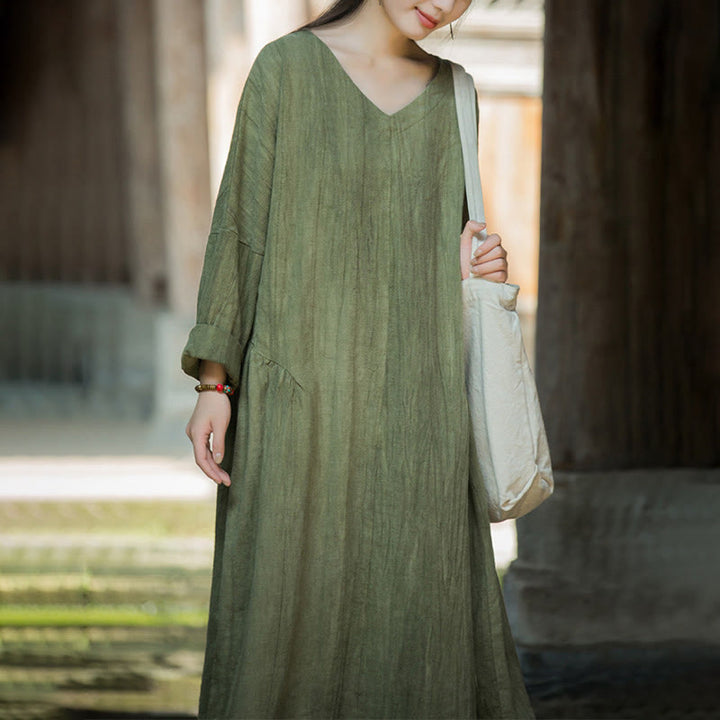 Vestido midi de lino y ramio con cuello en V, manga larga y color liso con Buddha Stones - image 6