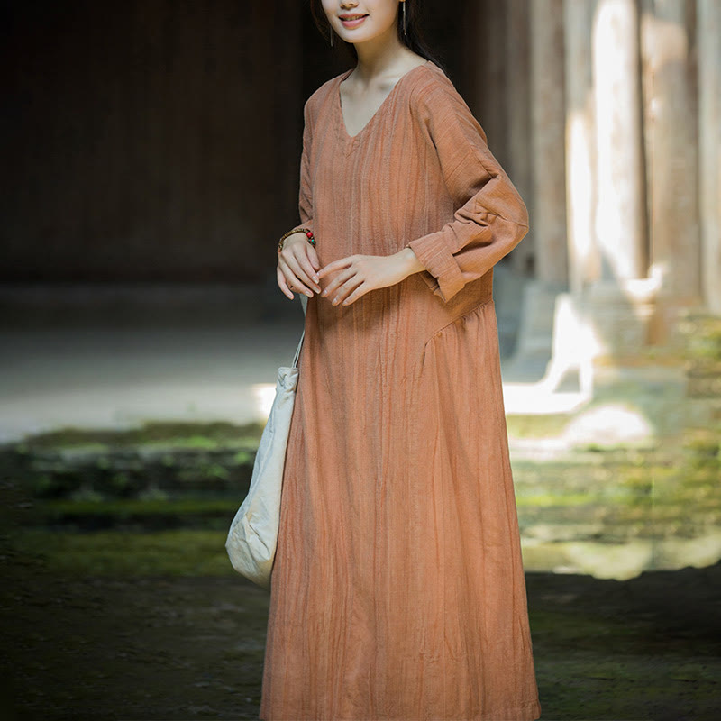 Vestido midi de lino y ramio con cuello en V, manga larga y color liso con Buddha Stones - image 24