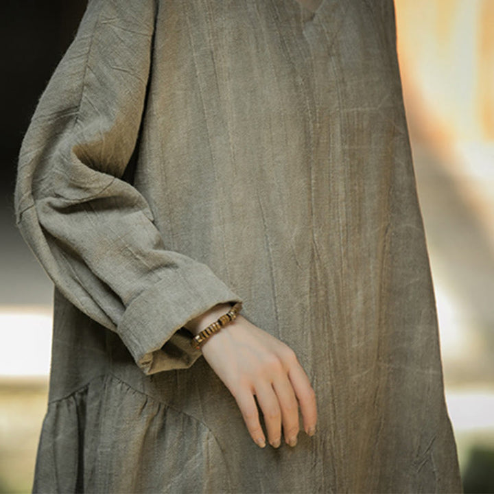 Vestido midi de lino y ramio con cuello en V, manga larga y color liso con Buddha Stones - image 22