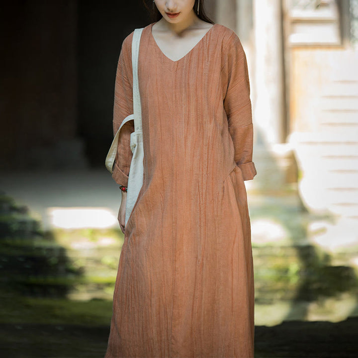 Vestido midi de lino y ramio con cuello en V, manga larga y color liso con Buddha Stones - image 28