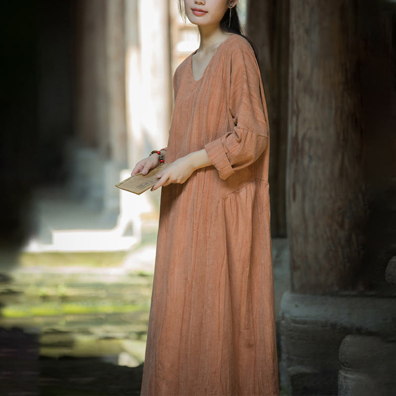 Vestido midi de lino y ramio con cuello en V, manga larga y color liso con Buddha Stones - image 26