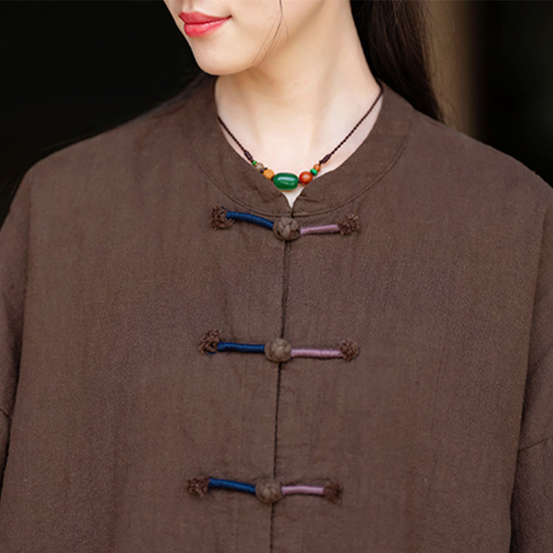 Camisa de lino con ramio de manga larga con botones de rana en dos colores lisos y Buddha Stones para mujer - image 19