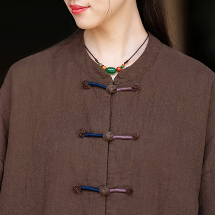 Camisa de lino con ramio de manga larga con botones de rana en dos colores lisos y Buddha Stones para mujer - image 19