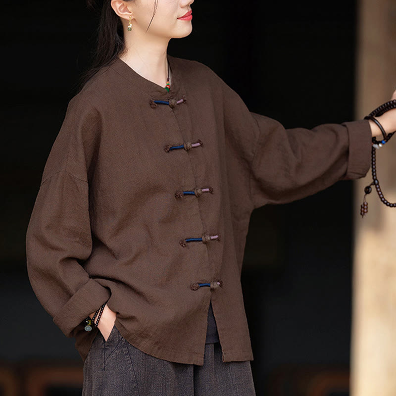 Camisa de lino con ramio de manga larga con botones de rana en dos colores lisos y Buddha Stones para mujer - image 11