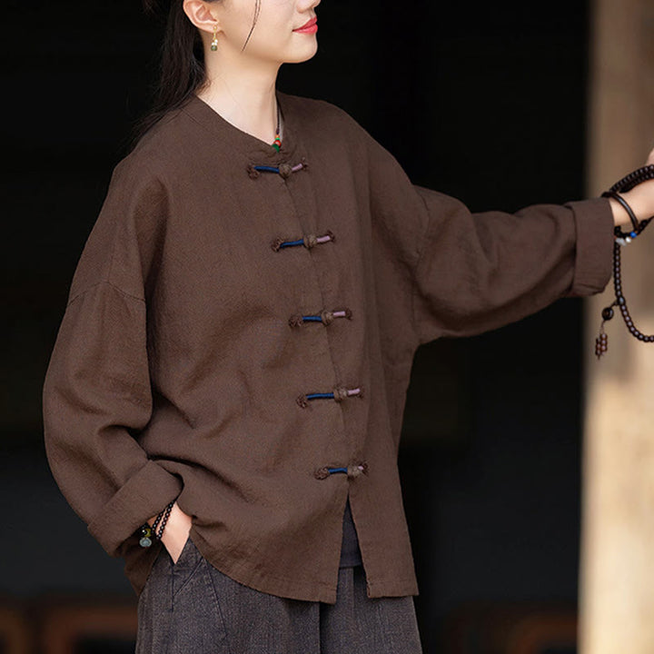 Camisa de lino con ramio de manga larga con botones de rana en dos colores lisos y Buddha Stones para mujer - image 11