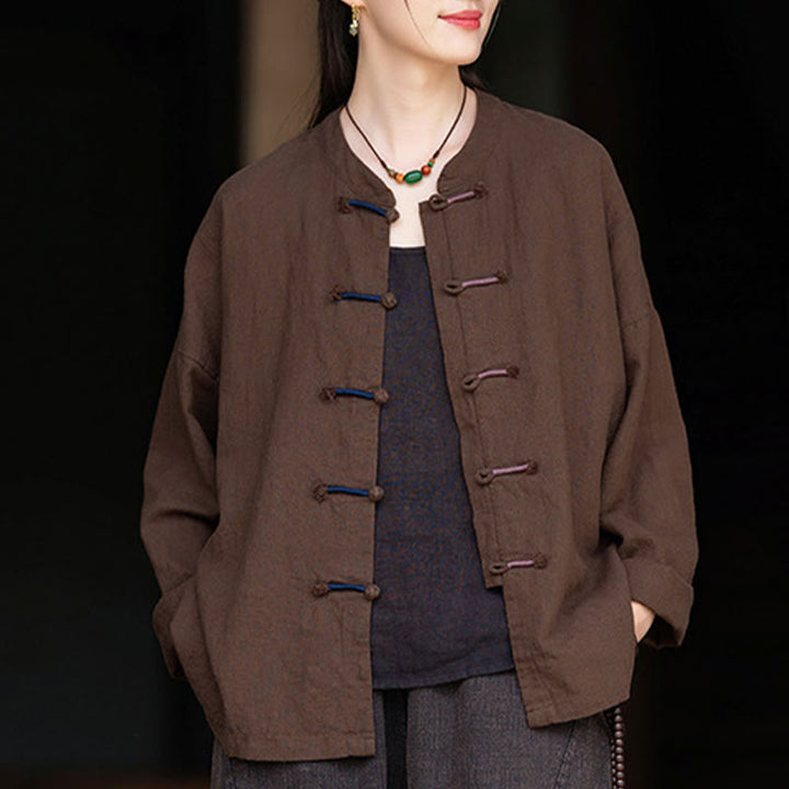 Camisa de lino con ramio de manga larga con botones de rana en dos colores lisos y Buddha Stones para mujer - image 18