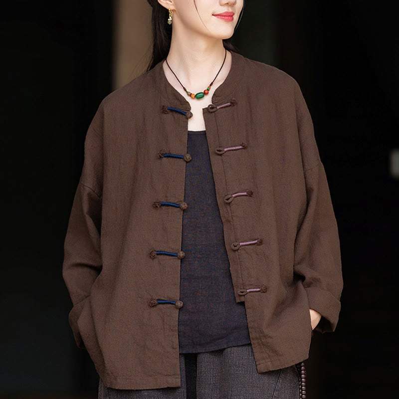 Camisa de lino con ramio de manga larga con botones de rana en dos colores lisos y Buddha Stones para mujer - image 16